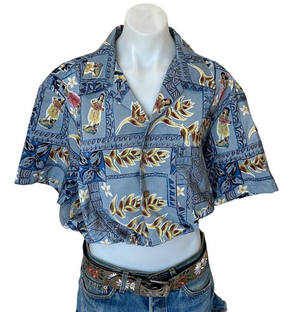 Hawaiian Shirt Tropical Button Down Crop Top One Size Boxy Oversized Unique